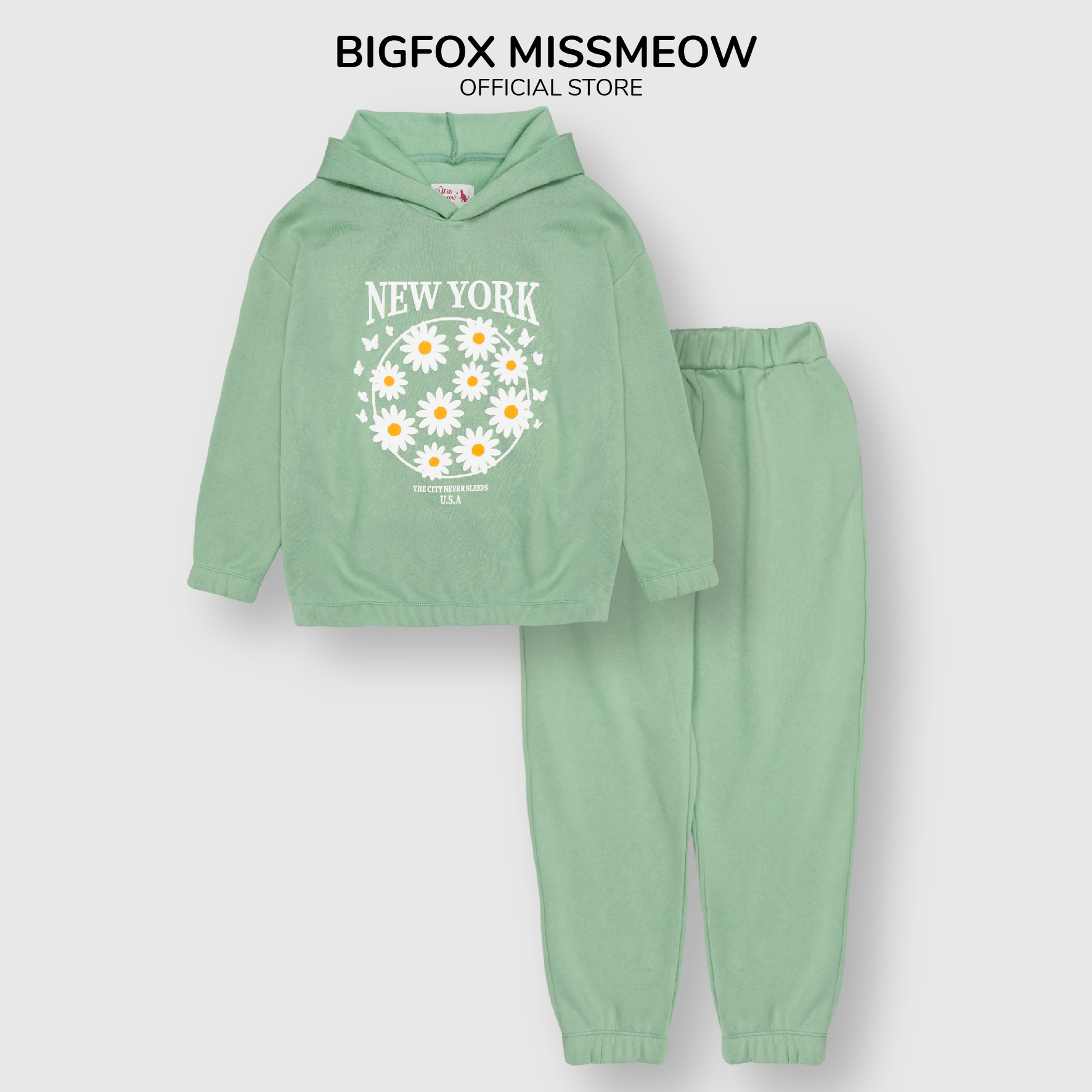 Bộ dài tay bé gái Bigfox Miss Meow size đại, bộ nỉ bông cho bé in hoa cúc New York dễ thương size trẻ em 12,13,14,15