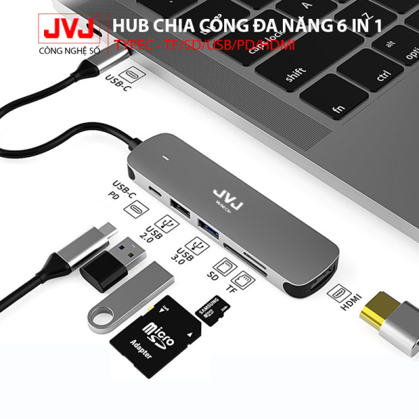 Bảng giá Bộ chuyển đổi đầu đọc đa năng USB Type-C 6in1 JVJ C6 Plus 4K HDMI USB 3.0 cho MacBook, Dell XPS 13 thiết bị hỗ trợ USB type C chia cổng Type-C sang USB 3.0 SD, USB 2.0, Type C, TF, 4K HDMI, tốc độ cao thích hợp cho Laptop, Macbook Phong Vũ
