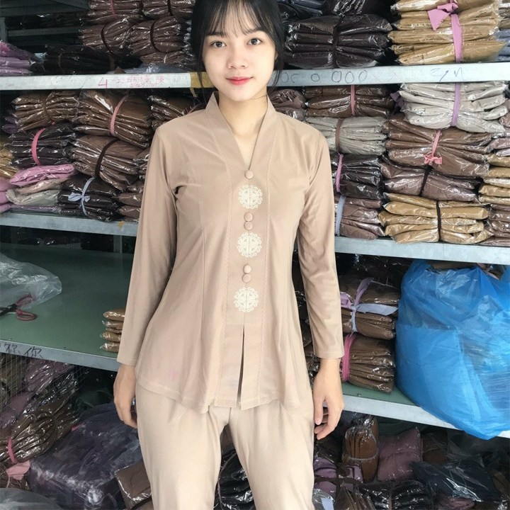 Bộ quần áo mặc nhà, Quần Áo nữ Phật Tử Đi Chùa, Đồ lam đi chùa thêu đồng tiền mẫu KA37A