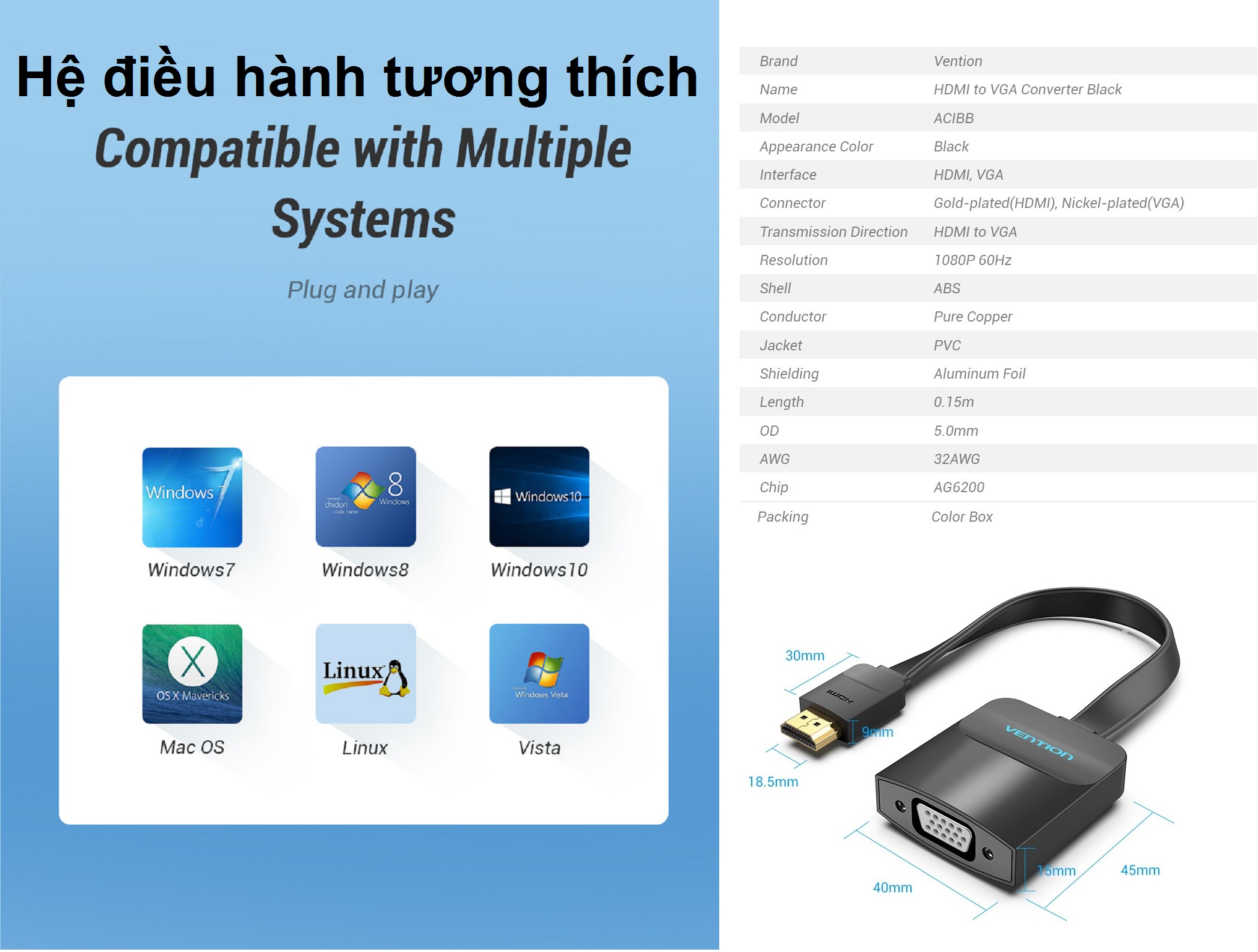 Đầu chuyển HDMI sang VGA Vention 74345 (15cm_dây dẹp)