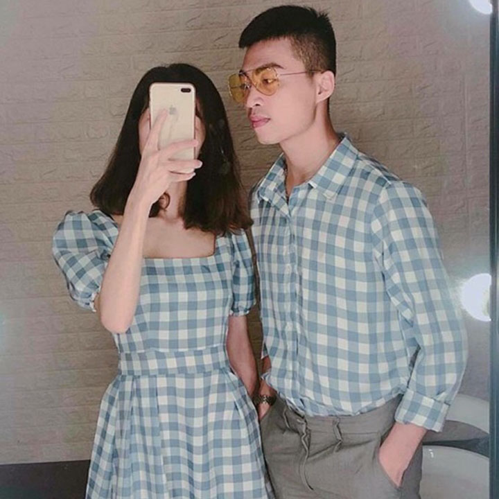 Set checkerboard shirt double, couple lovers design