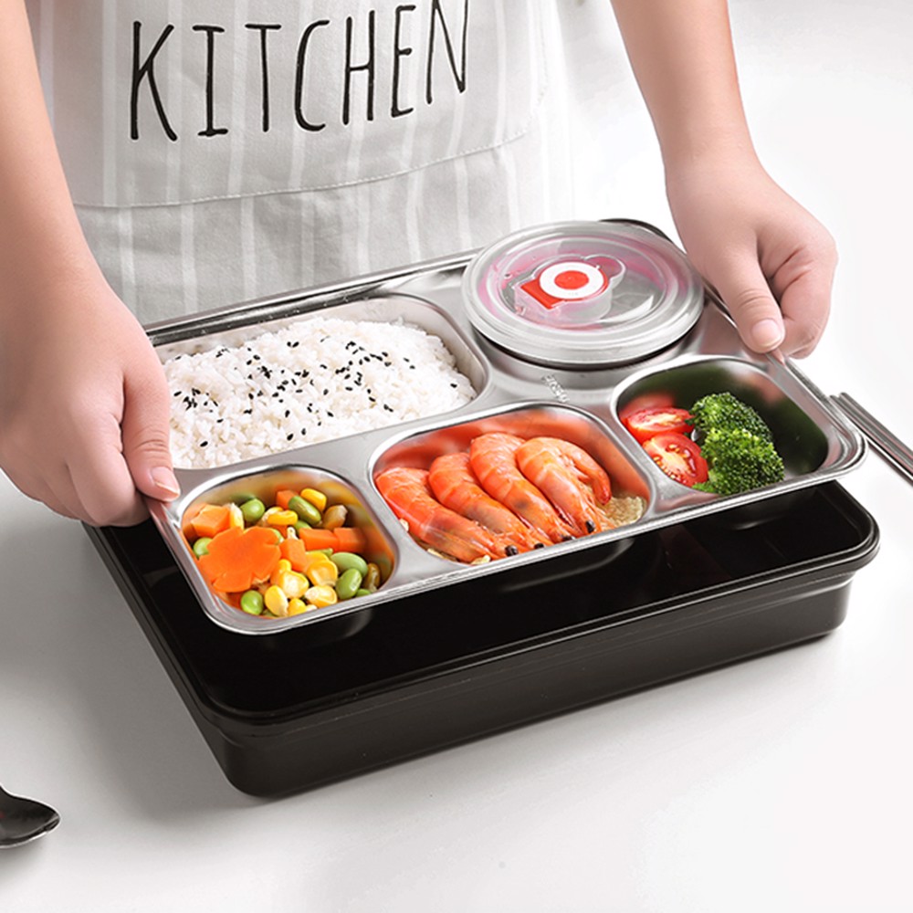 [HCM][ TẶNG KÈM MUỖNG ĐŨA ] - KHAY ĐỰNG CƠM 5 NGĂN BẰNG INOX GIỮ NHIỆT CÓ KHE ĐỂ ĐIỆN THOẠI