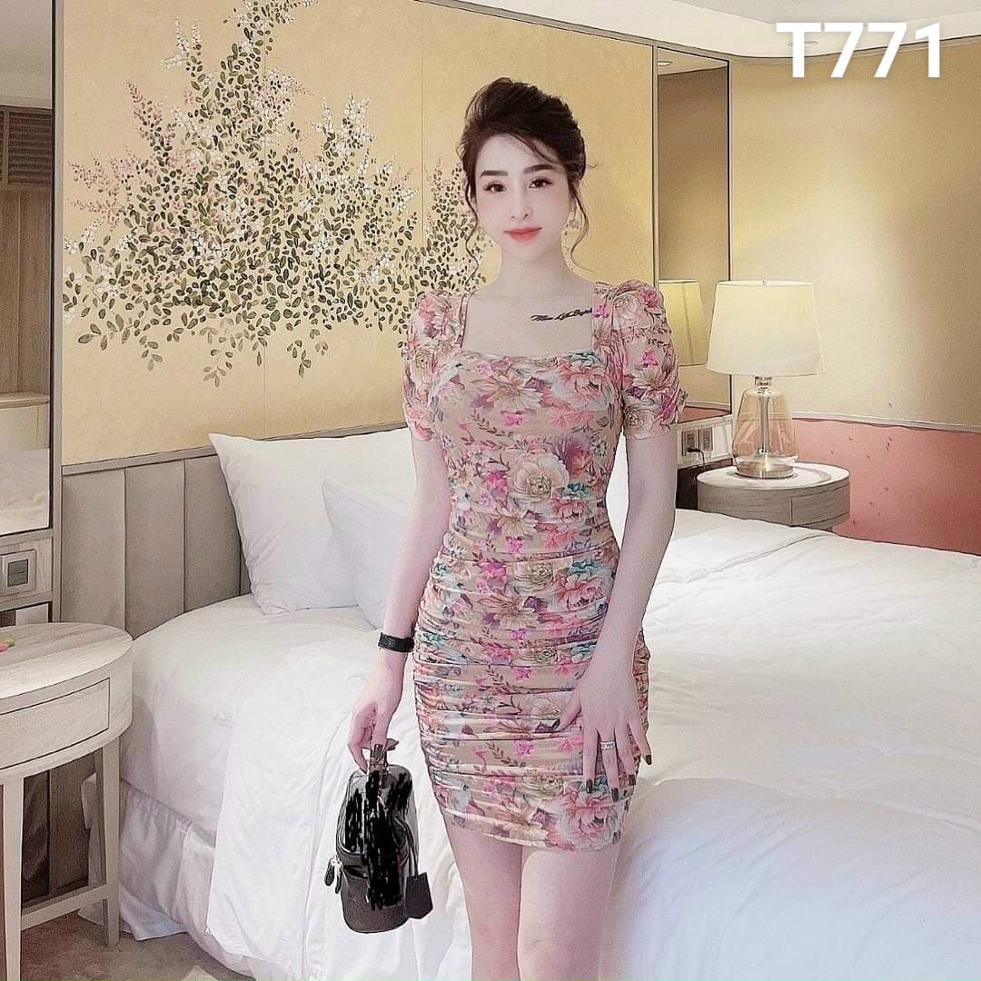 Đầm body có mút nhún bụng ôm chất liệu kts lụa cao cấp T771