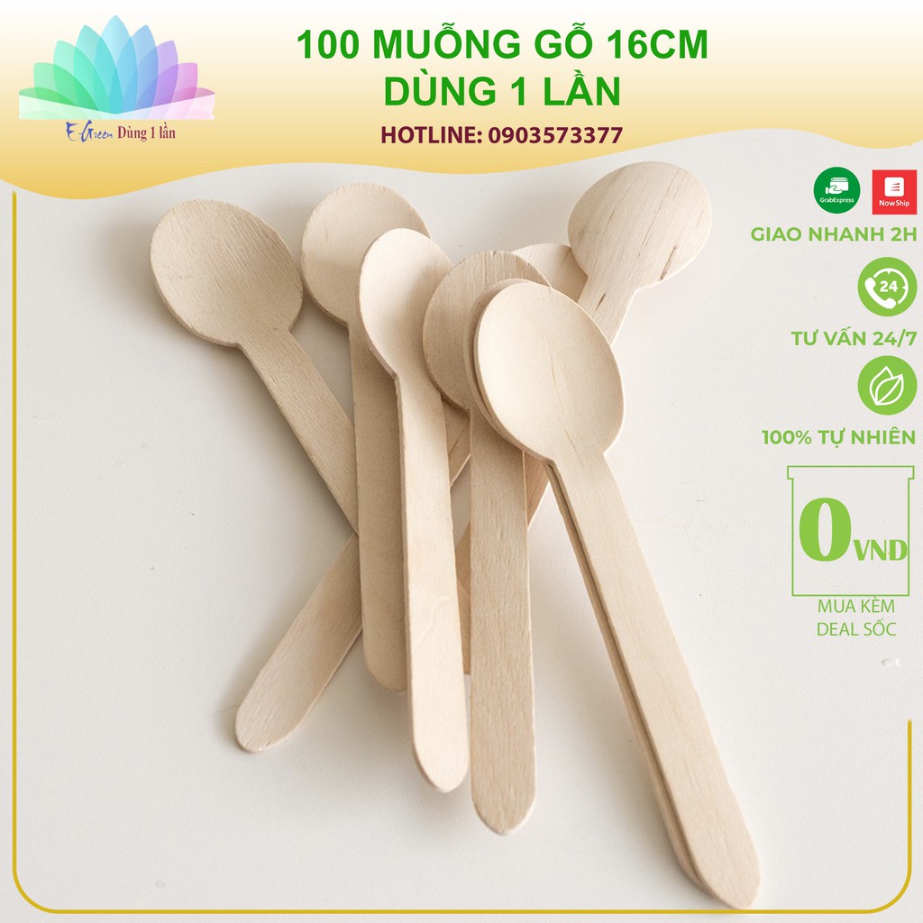 [Freeship+Giảm Giá 5K] Bịch 100 Muỗng gỗ dùng một lần 16cm an toàn tiện lợi thân thiện môi trường - e Green Dùng 1 Lần