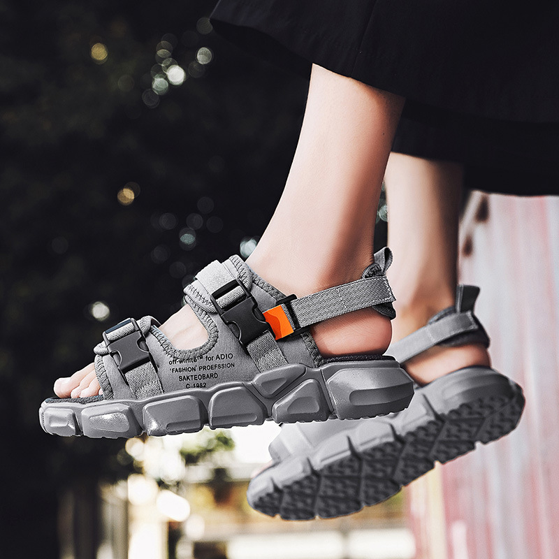 Dép nam đi biển 2 quai Velcro, dép co giãn có thể điều chỉnh, dép đế dày phẳng, dép thời trang mùa hè