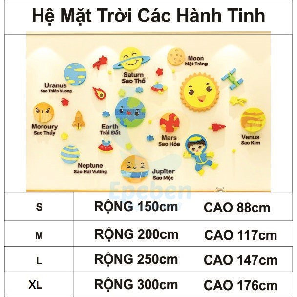 Tranh mica EPeBen dán tường nổi 3d hình vũ trụ hệ mặt trời các hành tinh Tiếng việt cho các em bé trang trí lớp học