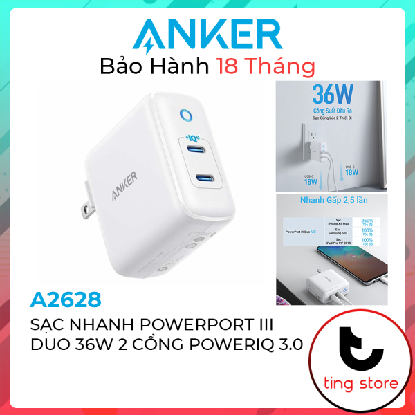 Sạc Nhanh Anker PowerPort III Duo 36W 2 Cổng Type C PowerIQ 3.0 - A2628