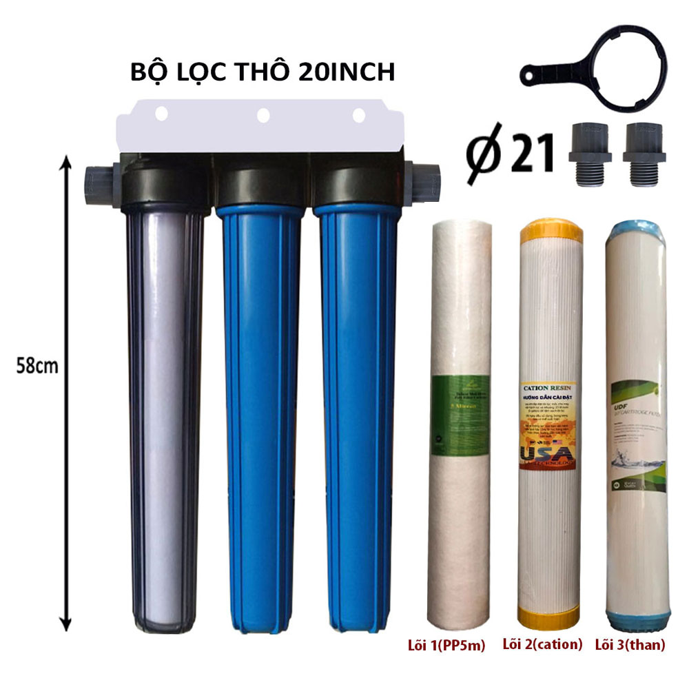 Bộ 3 cốc lọc nước 20inch kèm lõi và phụ kiện đầy đủ (zen 21)
