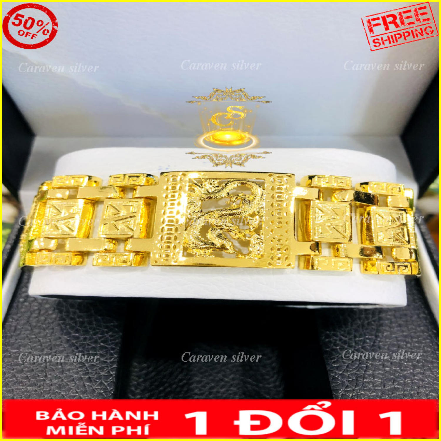 Lắc trụ lu thống có chạm rồng 3d mạ vàng 18k - Kích thước 2.5x19cm, công nghệ xi hiện đại, màu vàng tươi như thật, bền màu, khó phai - Caraven silver 2 - TH - Lắc nam, lac nam, lắc tay nam, lac tay nam, lắc tay mạ vàng, lac tay nam