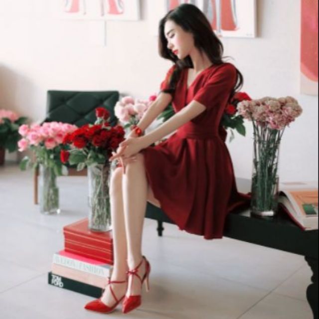 ZERASY - Đầm xòe thắt eo cổ đắp chéo