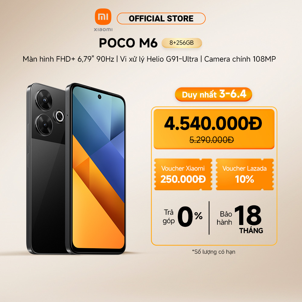 Điện thoại thông minh POCO M6 (6+128GB | 8+256GB) | Màn hình FHD+ 6,79" 90Hz | MediaTek Helio G91Ultra | Camera 108MP