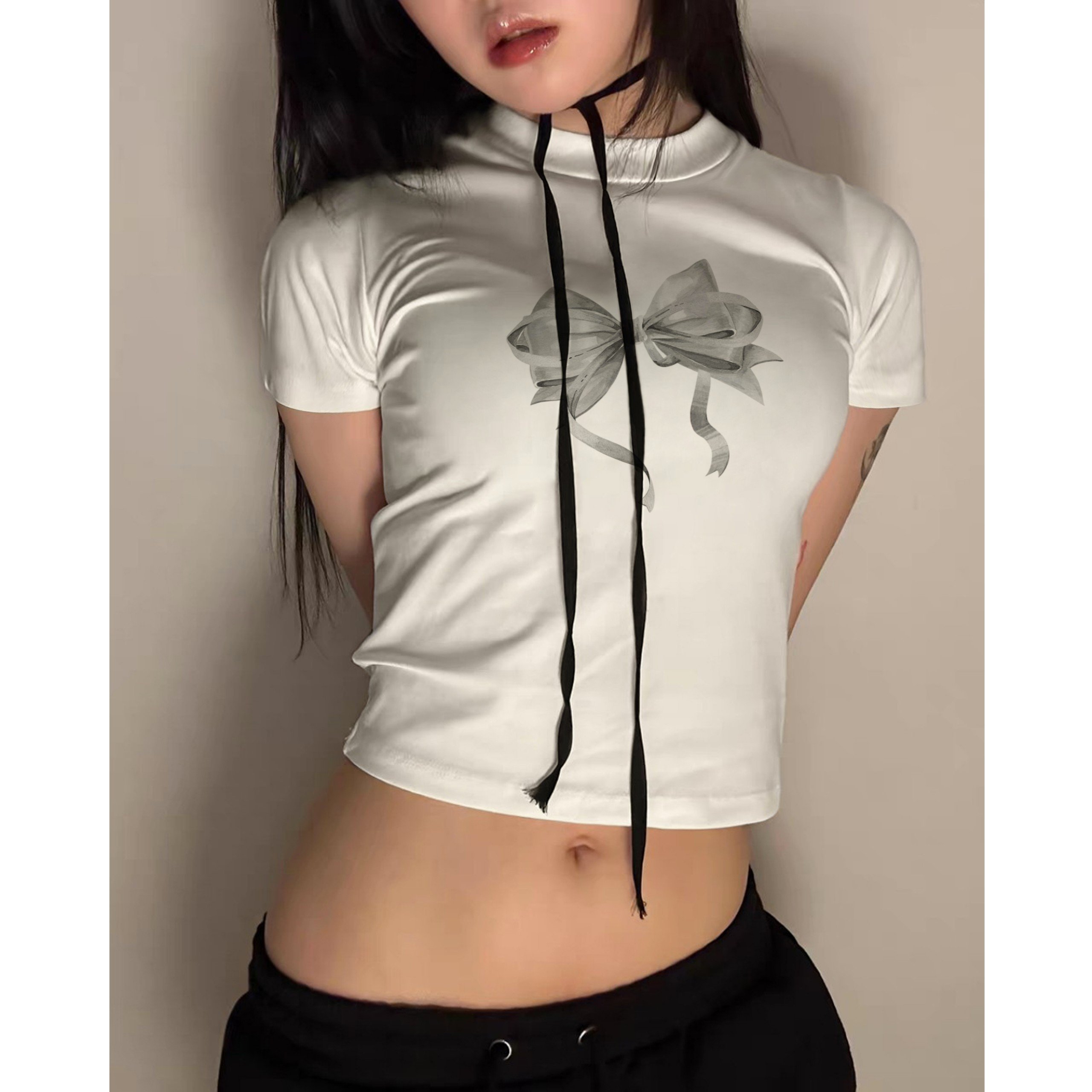 Áo thun nơ babytee Kill System chất thun co giãn màu trắng, đen