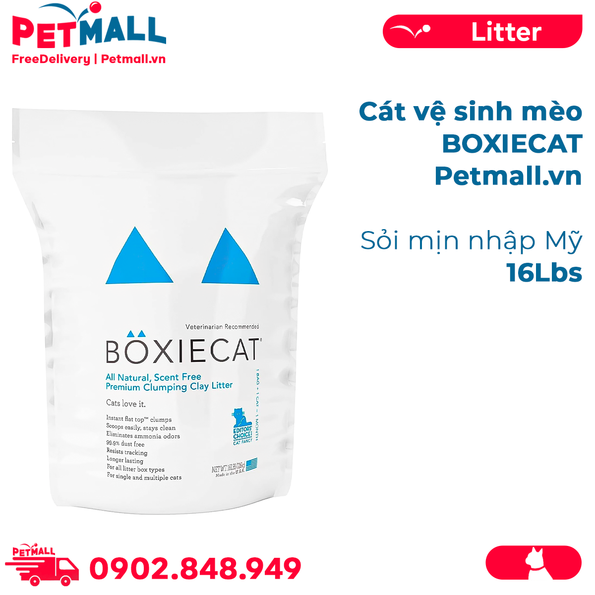 Cát vệ sinh cho mèo BOXIECAT Bentonite Cat Litter 16Lbs - Sỏi mịn nhập Mỹ Petmall