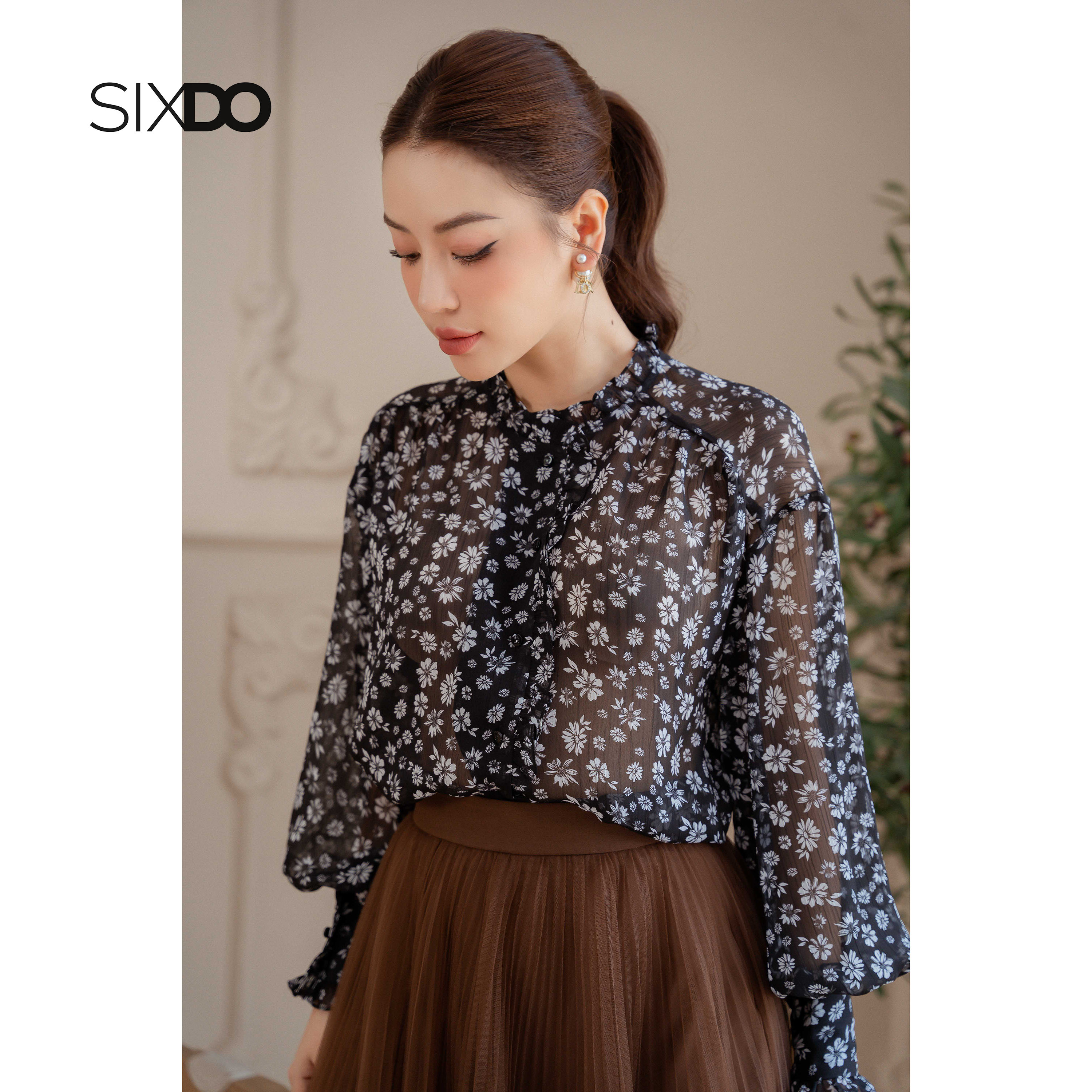 Áo sơ mi voan hoa dài tay SIXDO (Long Sleeves Voile Shirt)