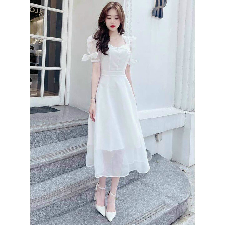 [Mới] Đầm Voan Cổ Vuông Tay Nơ Kết Cườm