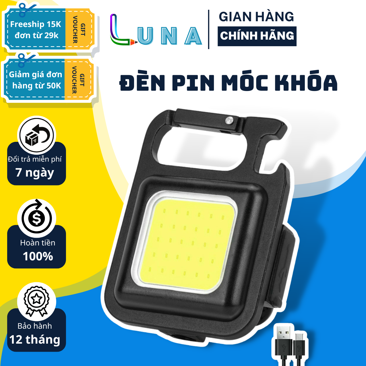 Đèn pin móc khóa siêu sáng, đèn led cob mini kiêm móc khóa đa chức năng 3 chế độ sáng chống thấm nước từ tính mạnh cáp sạc type c tiện dụng - móc khóa đa năng, móc khóa bật nắp chai tiện lợi, đèn led mini, đèn móc khóa đa năng