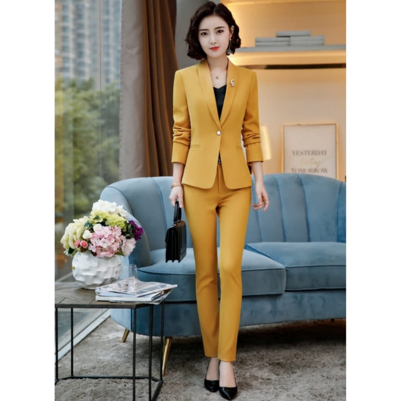 Tj26 long sleeve vest + pants long pants-yellow