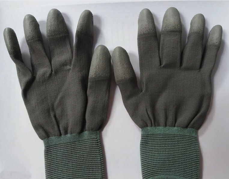Găng tay sợi polyester phủ pu đầu ngón xám cao cấp