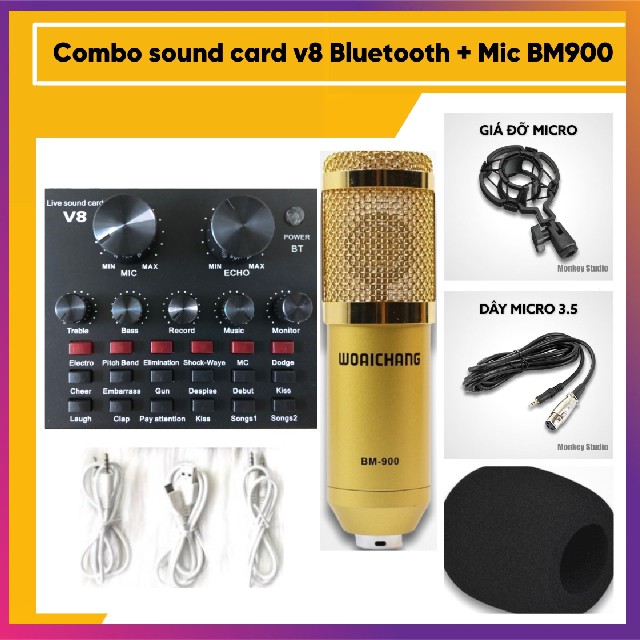 Bộ mic hát livestream v8 + mic bm900 thu âm hát live stream, karaoke, cực hay, có bluetooth