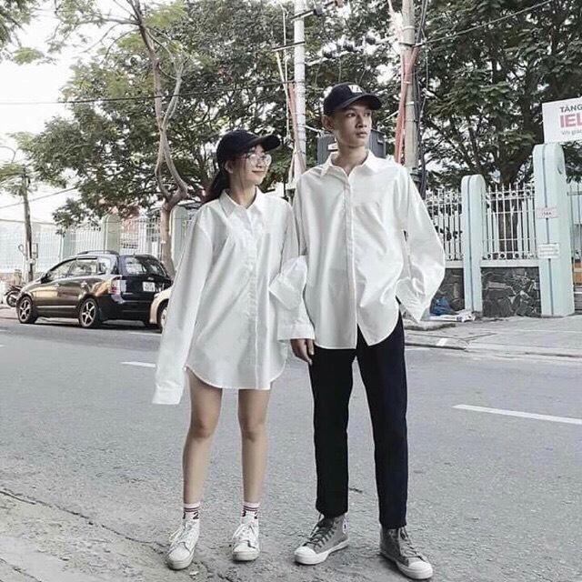 Áo sơ mi trắng trơn   nam nữ basic oversize học sinh DÀI TAY UZZANG