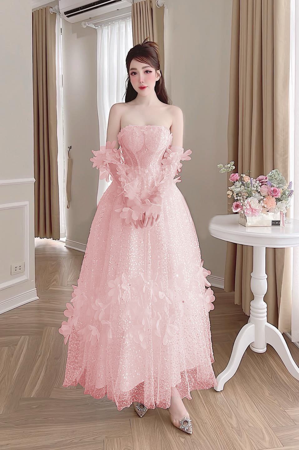 Đầm xòe mặc cưới kim tuyến tay dài kết cánh hoa nổi - MS205V