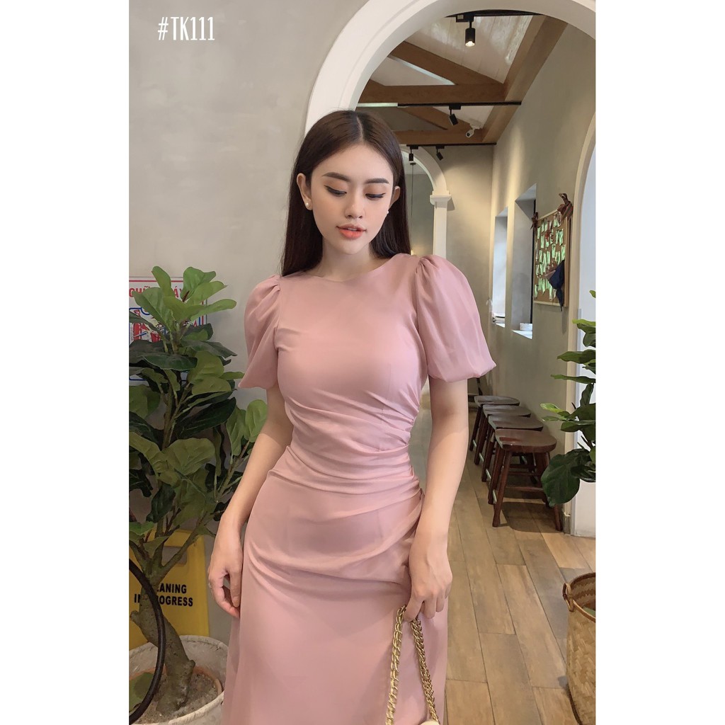 Đầm Hồng Nhún Eo