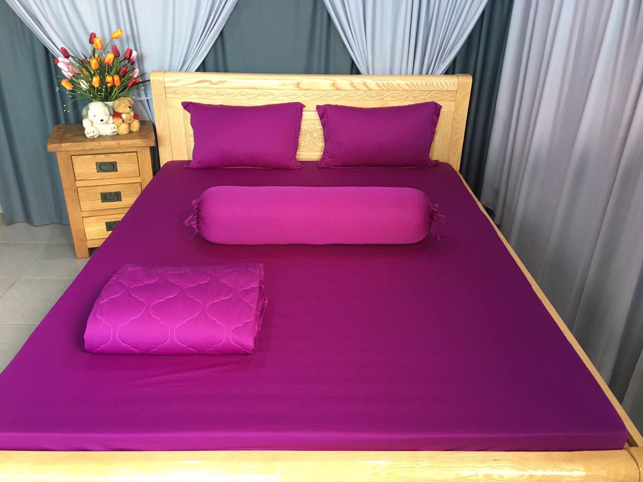 Bộ drap thun hàn màu hồng mười giờ  (1 ga ,2 áo nằm, 1 áo ôm)