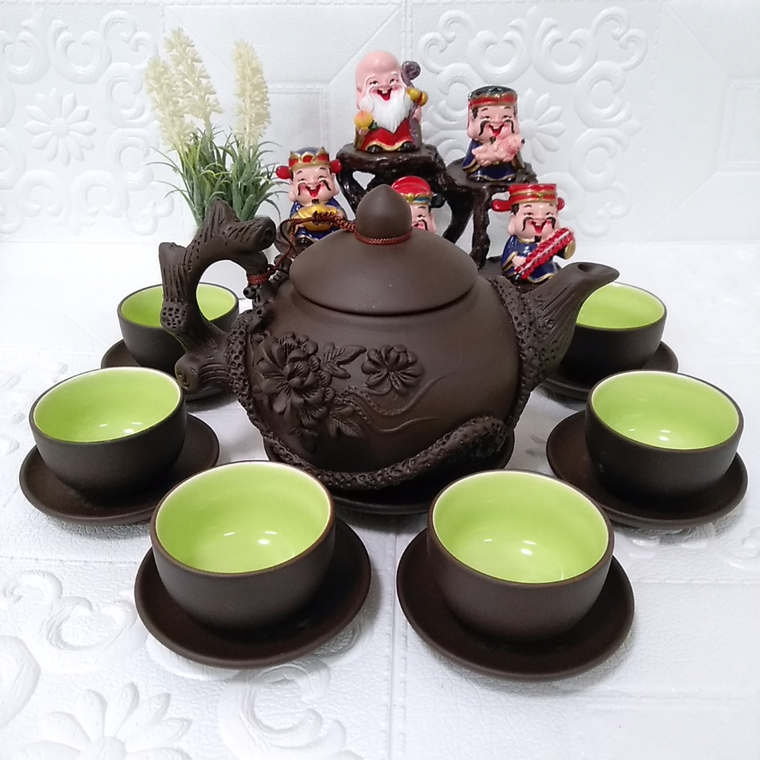 Bộ ấm chén đất nung Bát Tràng hoa phù dung 400ml màu đen