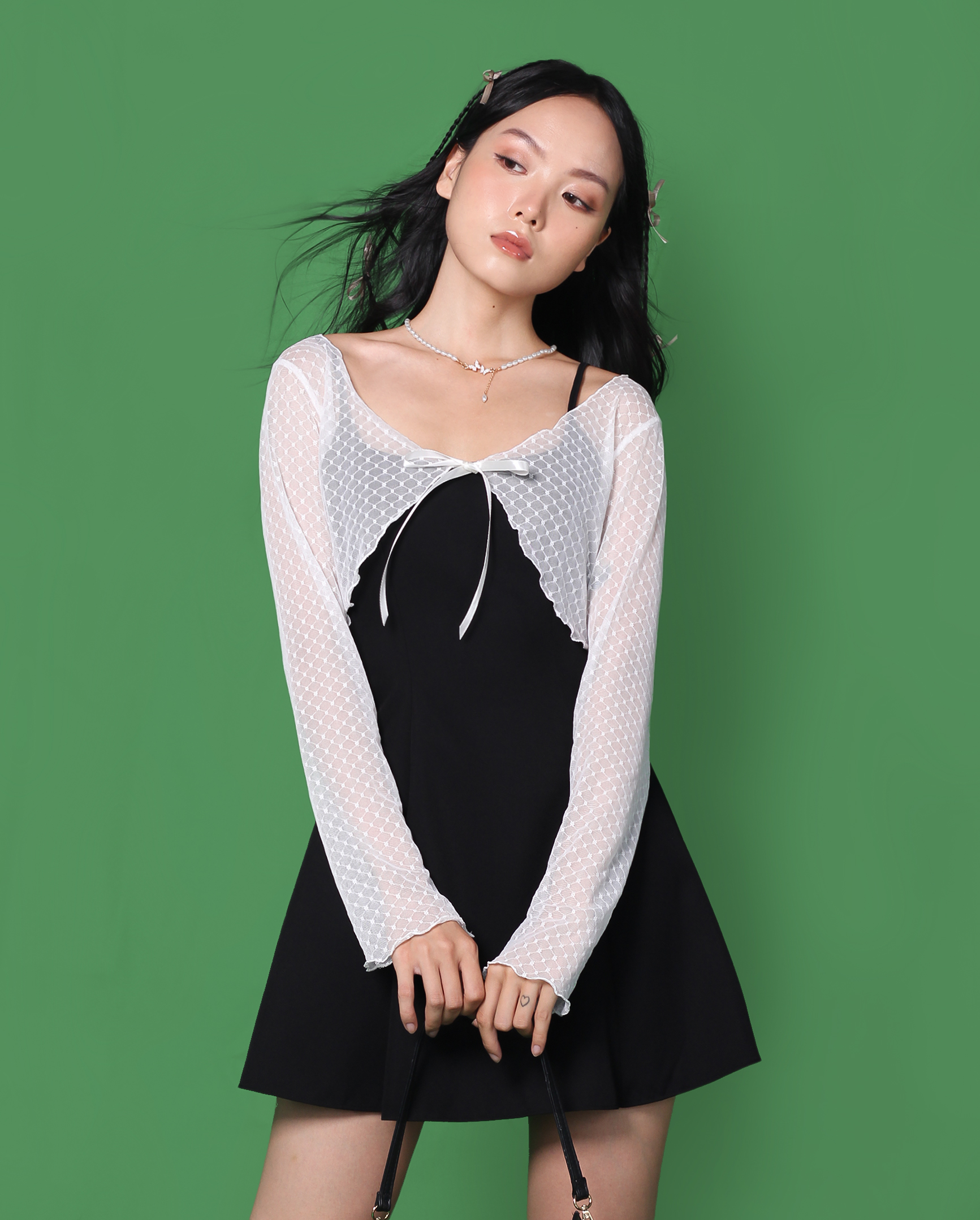DALLA Áo ren trắng cột nơ/cuốn biên (CDG03)