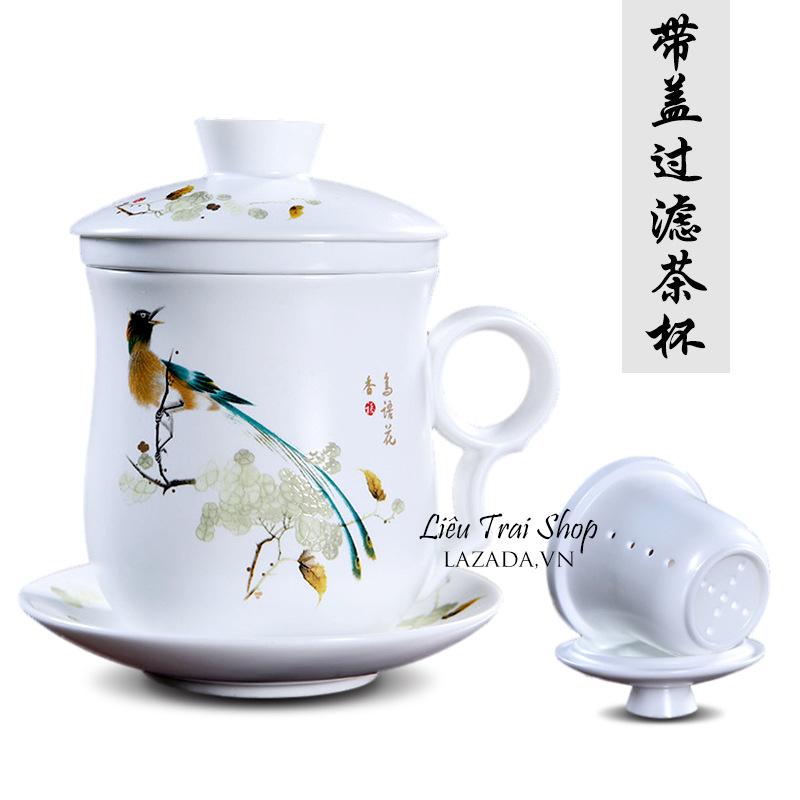 Ly cốc pha trà sứ 4 mảnh có nắp 350ml