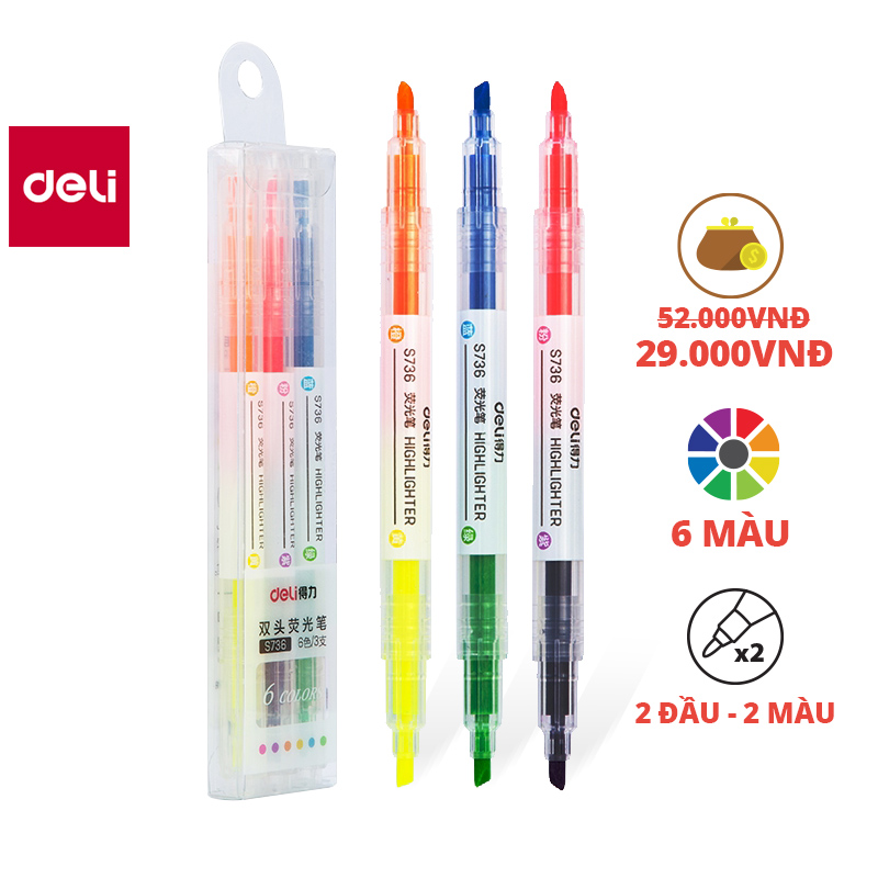 Bút highlight đánh dấu nhớ dòng Deli - 6 màu 2 đầu Bút nhấn dòng - Bút highlight - 3 cây/Hộp - S736