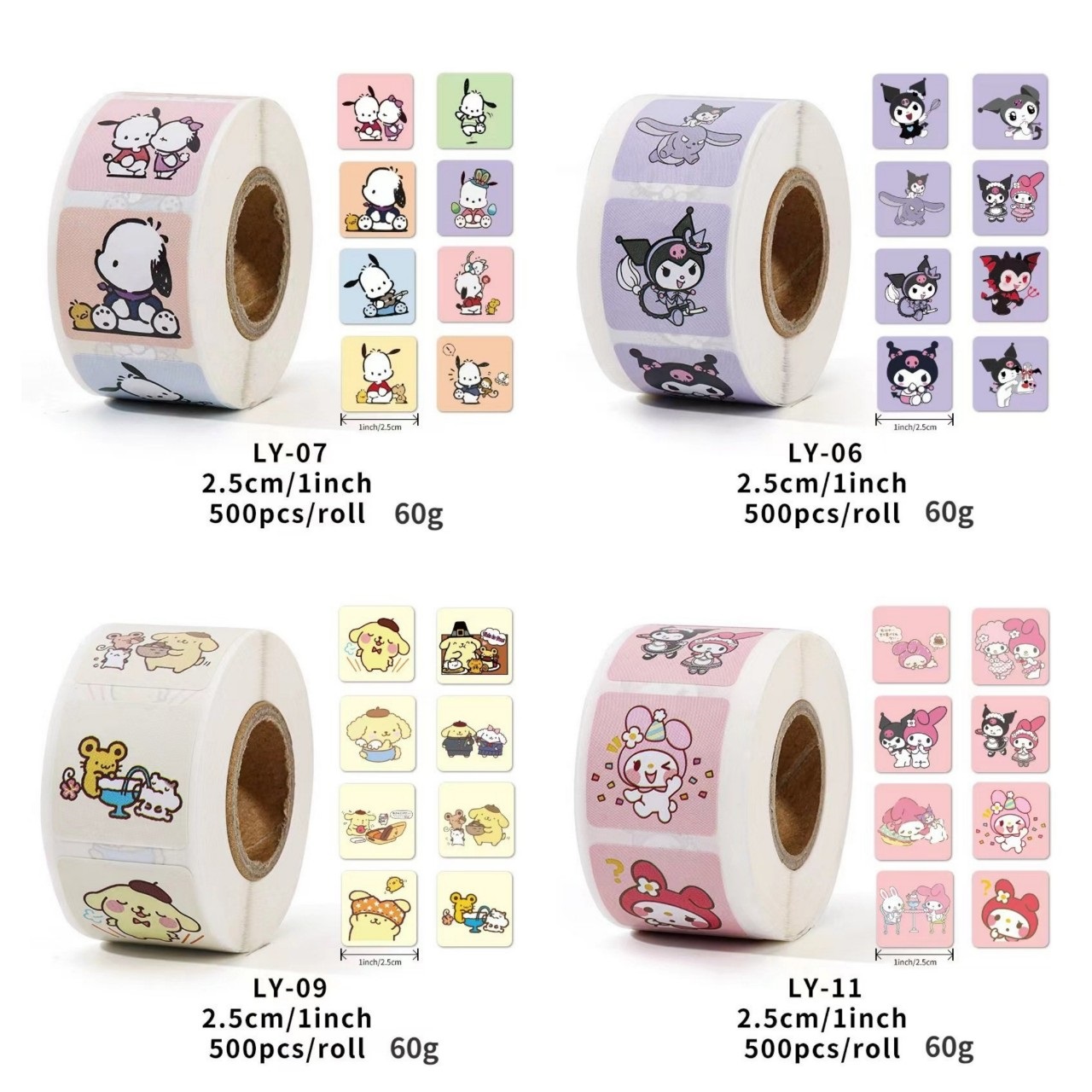 Cuộn 500 tem Sticker vuông Sanrio  dễ thương  - 2.5cm