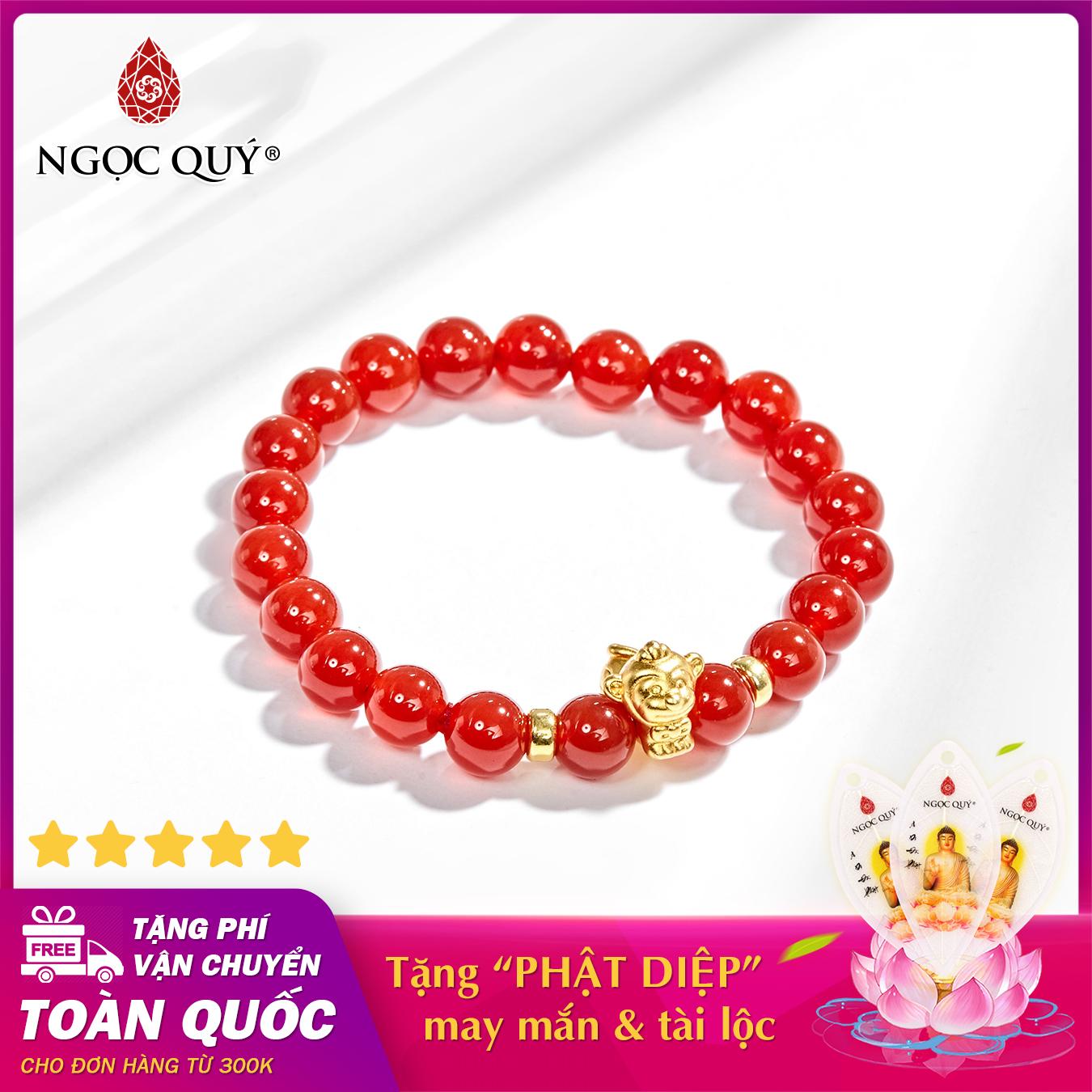 Vòng tay phong thủy đá mã não đỏ charm tuổi thân bạc mạ vàng 24k 8mm mệnh hỏa , thổ - Ngọc Quý Gemstones