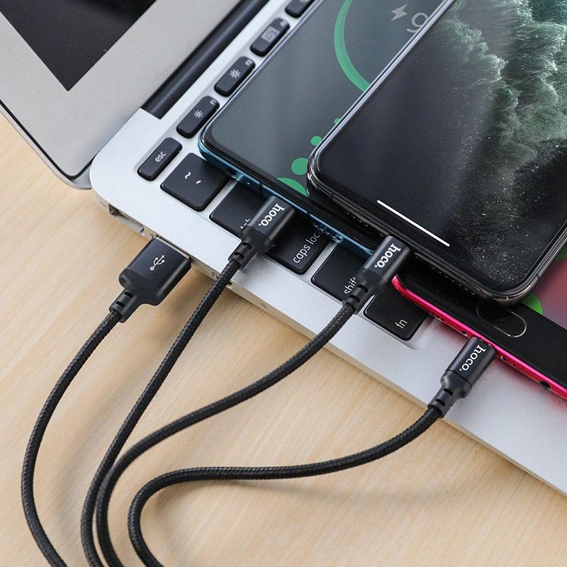 [HCM]⚡ Cáp sạc Hoco X14 - 3 đầu Lightning - Micro USB - Type-C Dài 1m - Cáp sạc C.hính Hãng ⚡