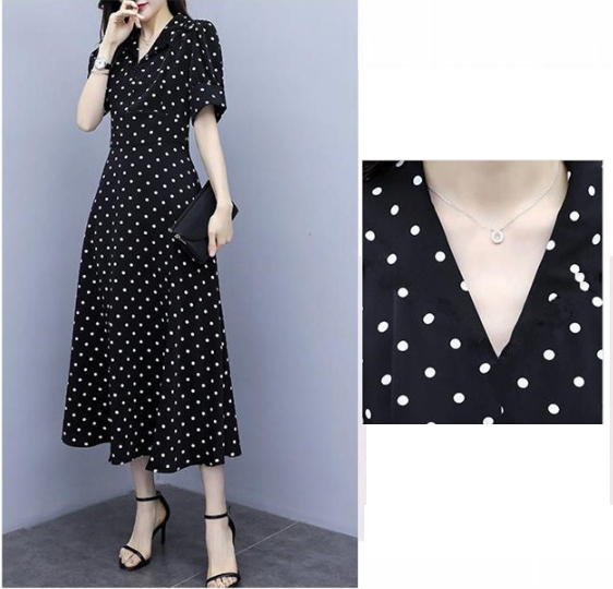 [Sale TẾT 3 Ngày] Đầm nữ maxi họa tiết đen chấm bi, tay lỡ