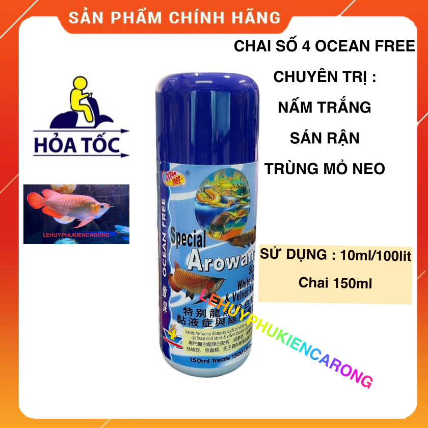 "Hoàn tiền đến 10%" Chai Số 4 OCEAN FREE Chuyên Trị Nấm Trắng, Nấm Velet Sán Mang Cho Cá Rồng Chai 150ml