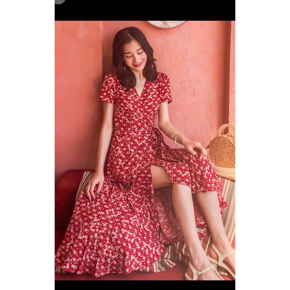 Váy Đỏ Vintage Vạt Chéo