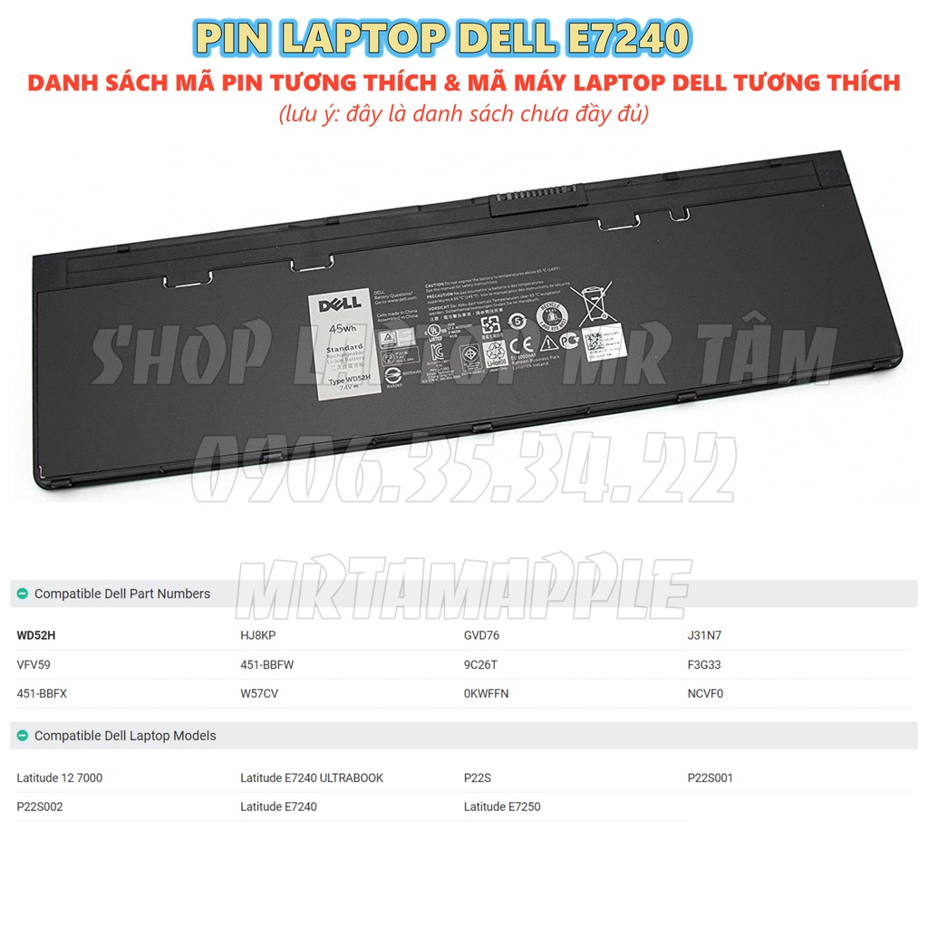 PIN LAPTOP DELL E7240 (WD52H/45Wh) (VFV59/52Wh) - 4 CELL dành cho Latitude 12 7000 E7240 E7250, KWFFN J31N7 GD076 GVD76