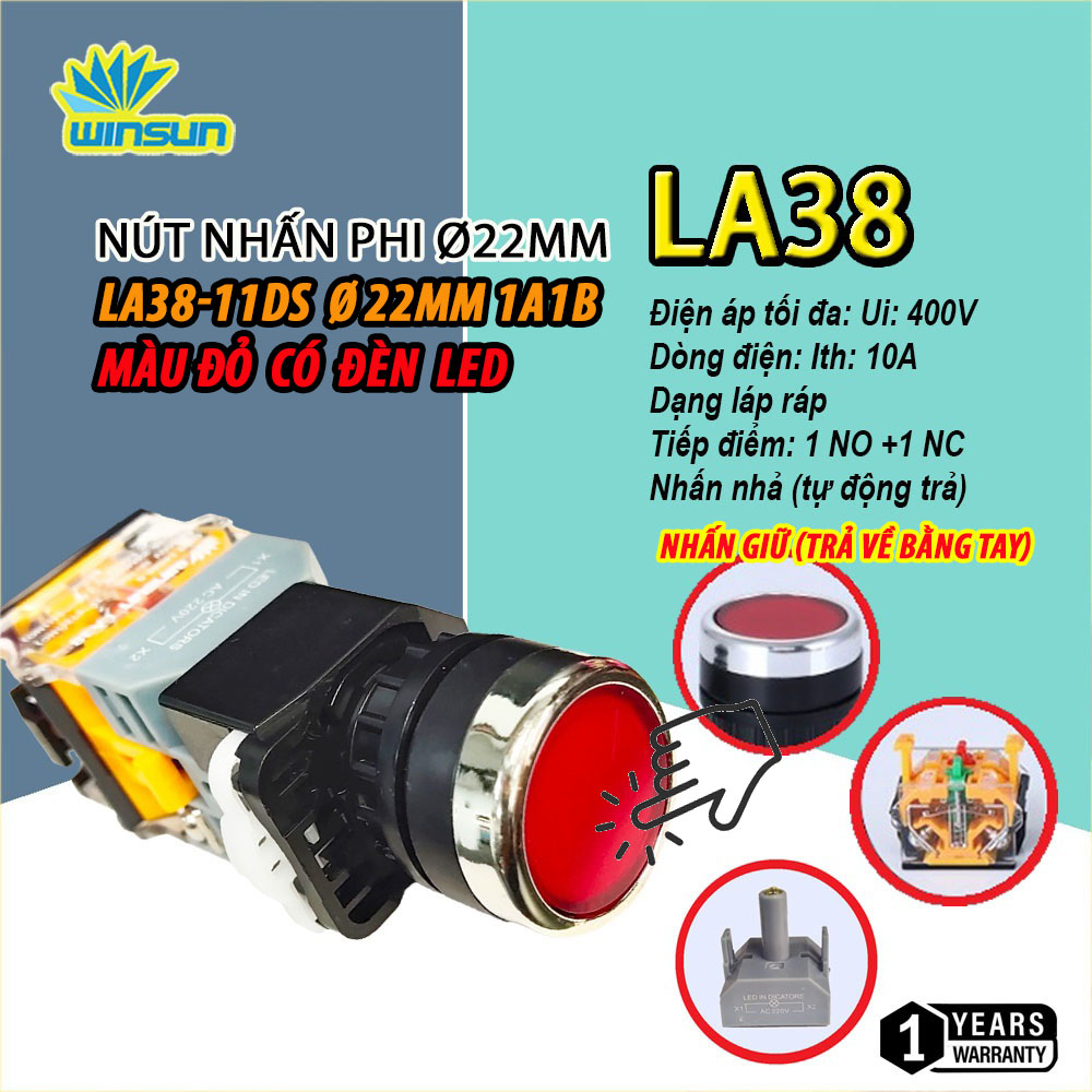 Nút nhấn nhả, nhấn giữ có đèn, không đèn phi 22 mm LA38