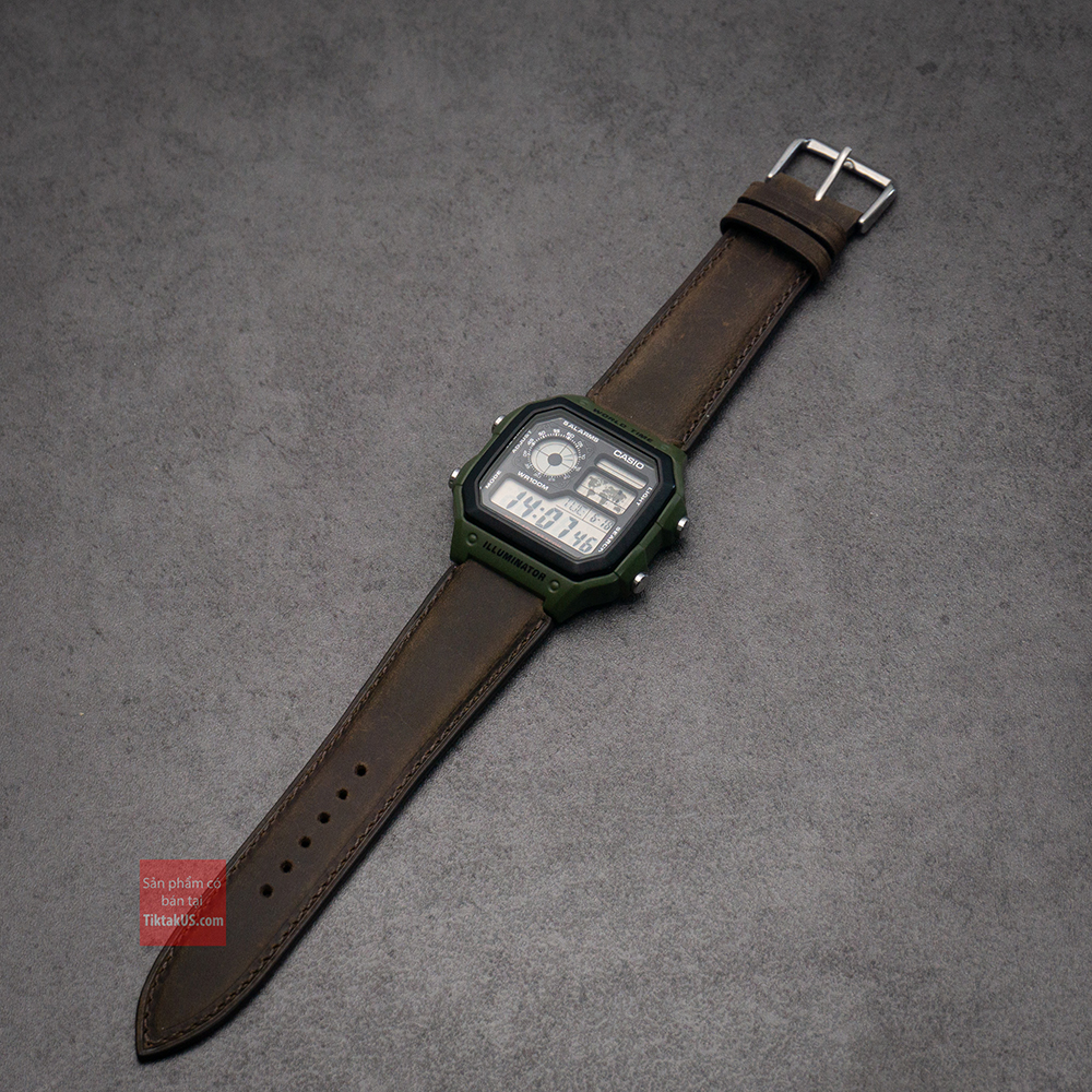 Dây đồng hồ da bò Vintage cho Casio worldtime AE-1200whd AE-1200WH-1BVDF G-shock DW5600 Casio F91w da bò thật handmade tại Việt Nam 18mm