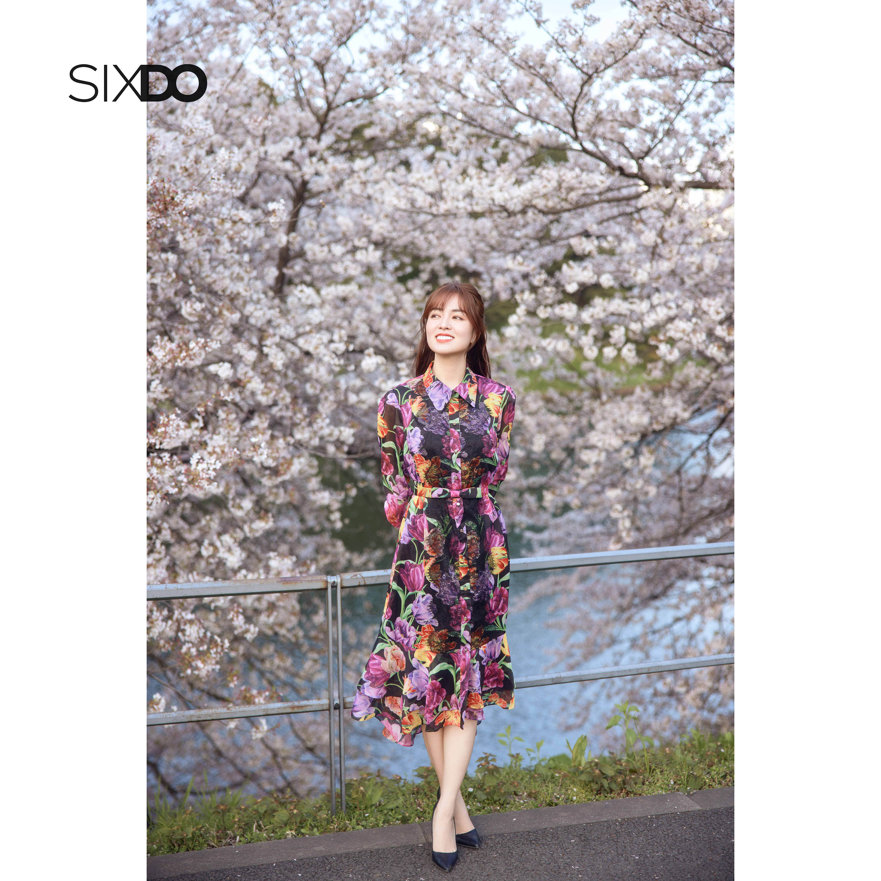 Đầm sơ mi voan hoa tay dài SIXDO (Black Tulip Shirtwaist Midi Voile Dress)