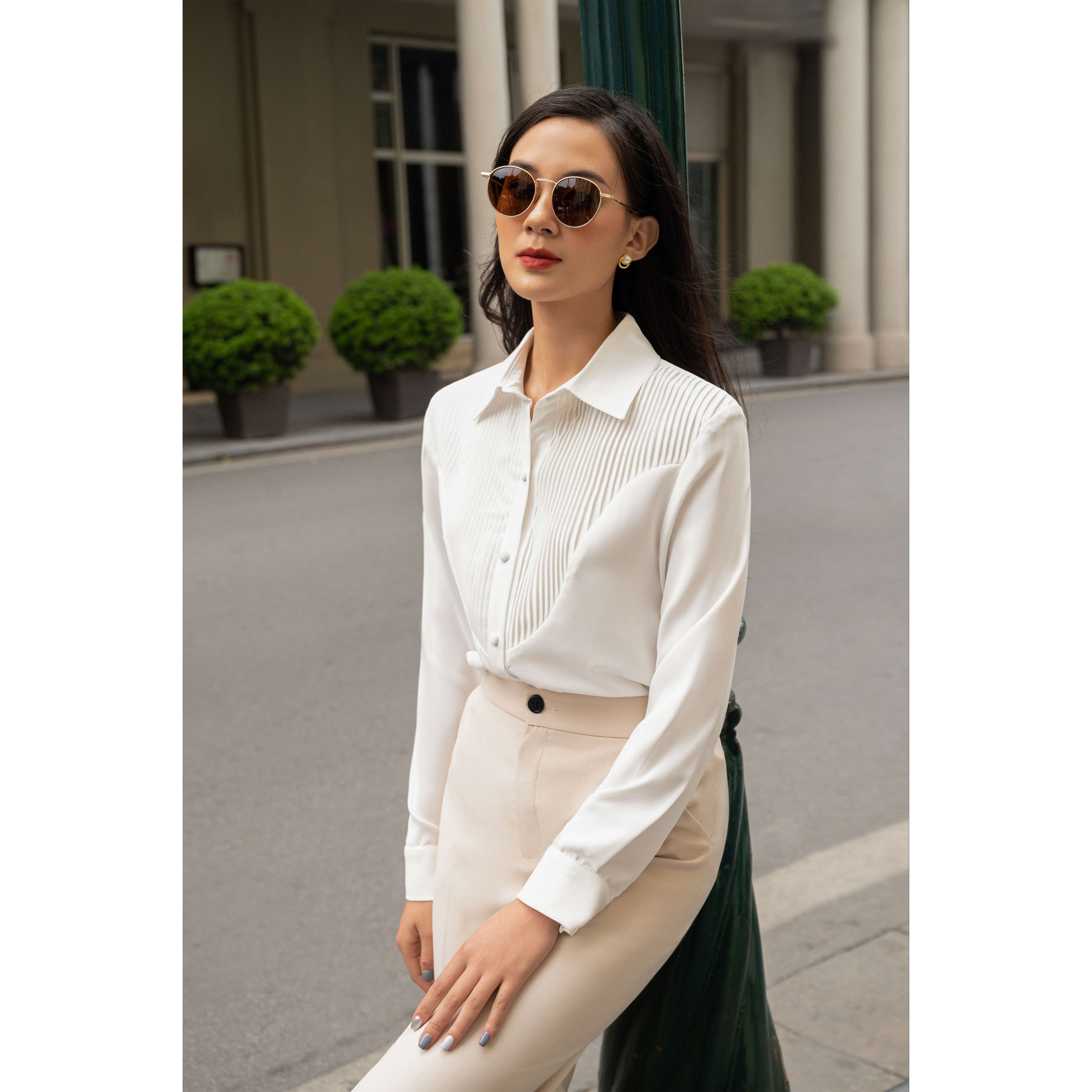 Sơ mi trắng cổ xếp ly 03SHI222 - MAIIMER