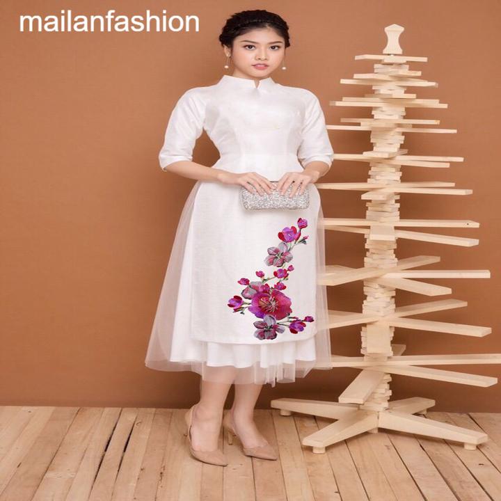 áo dài cách tân phối lưới thêu hoa lớn cao cấp - không kèm váy