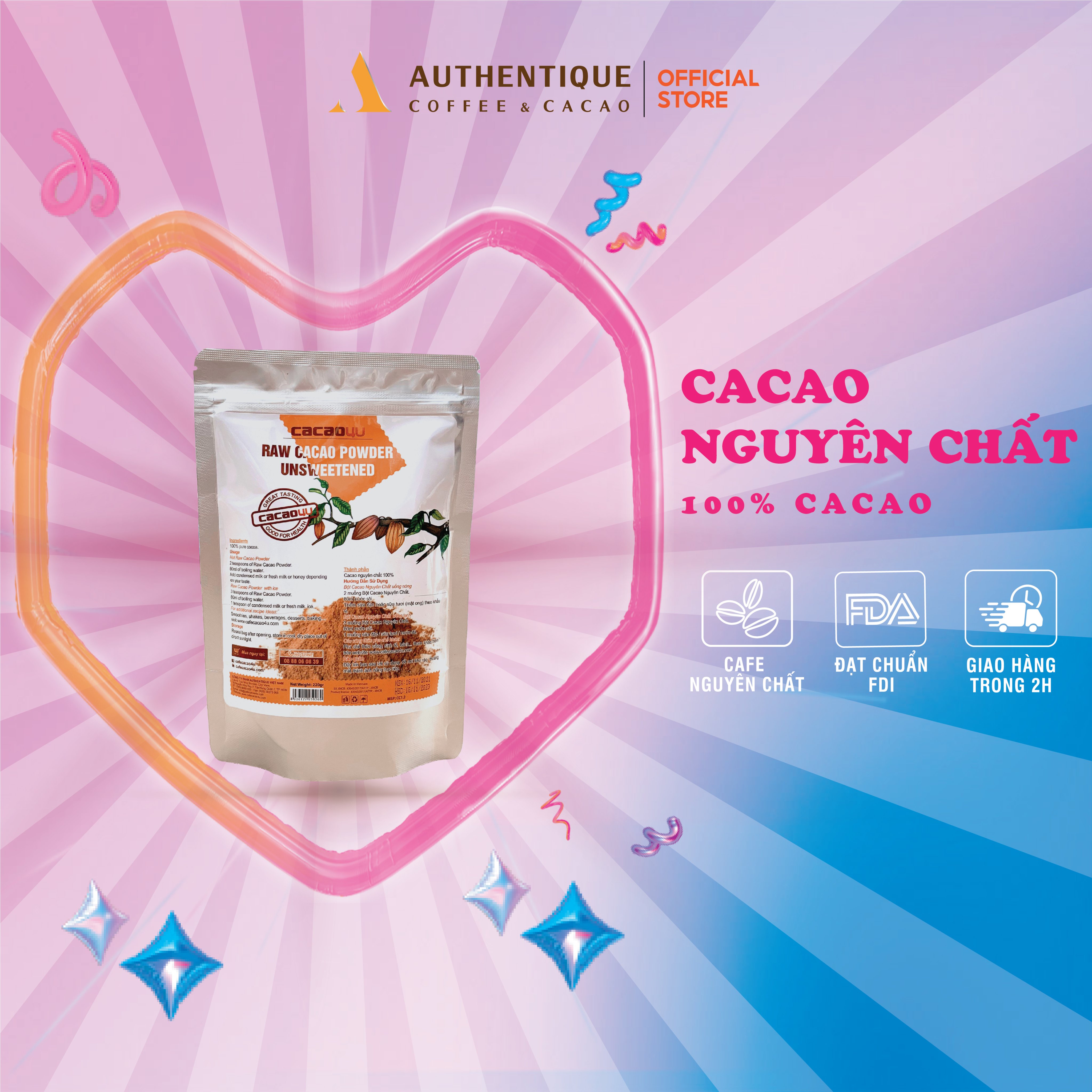 Bột Cacao Nguyên chất, không đường Authentique - Túi 220gr - Không đường