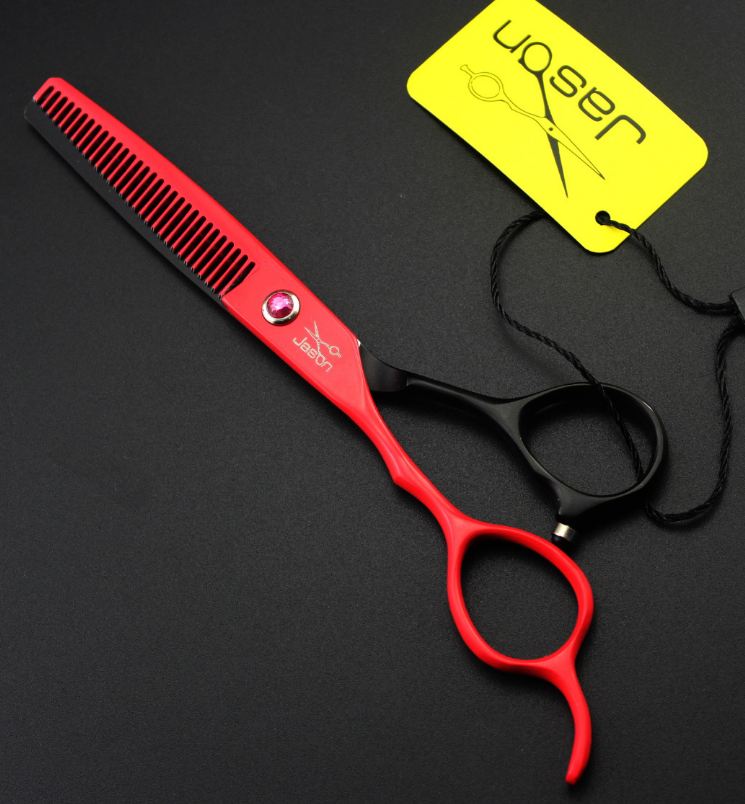 Kéo TỈA tóc tay trái JASON đỏ đen (1 CÂY TỈA) (tặng 1 bao da 1 chỉnh kéo 1 dầu tra kéo 1 lược toni guy)