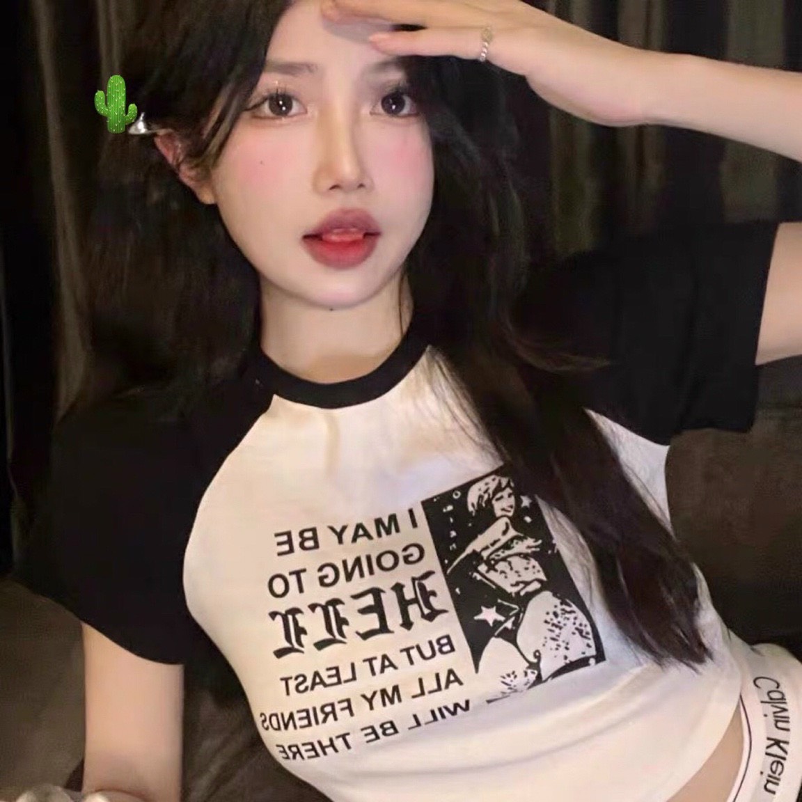 Dưới 50kg-Áo croptop nữ tay ngắn phối màu Raglan in hình và chữ HELL ôm body PC129 - áo phông nữ body