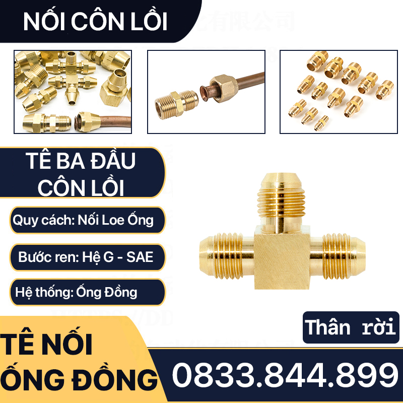 Thân rời TÊ chia ba đầu ren côn lồi hàn ống đồng 6 8 10 12 16 mm cho điện lạnh & khí nén (Brass Flare Fitting tee) - T Rắc co tee ren NPT