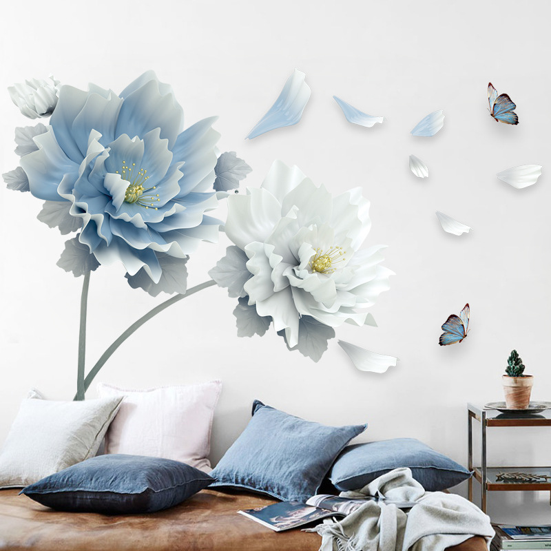 Decal dán tường hoa 3D xanh trăng