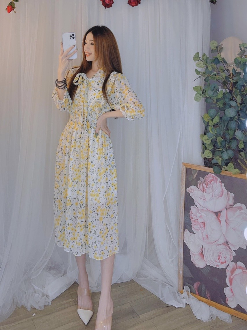 Đầm hoa viền bèo cột nơ siêu xinh - hình thật