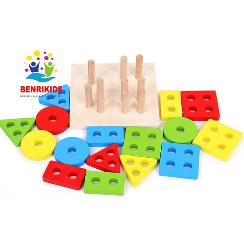 Đồ chơi gỗ Bộ thả cọc phân loại hình khối 3D